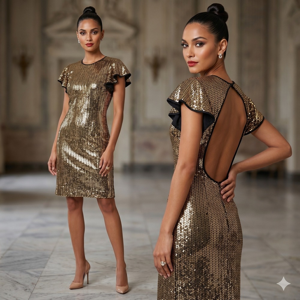 NK32 Naeem Khan Gold Sequin Open Back Cocktail Dress 8 Flutter Sleeve Sheath